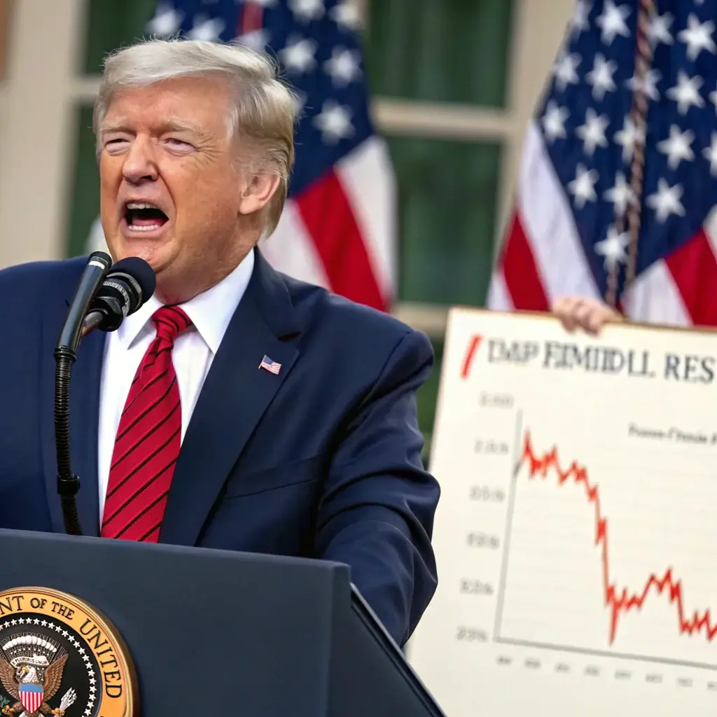 Дональд Трамп, президент США, на фоне американского флага, символизирующий его роль в принятии нового налогового закона и влияние на экономику.