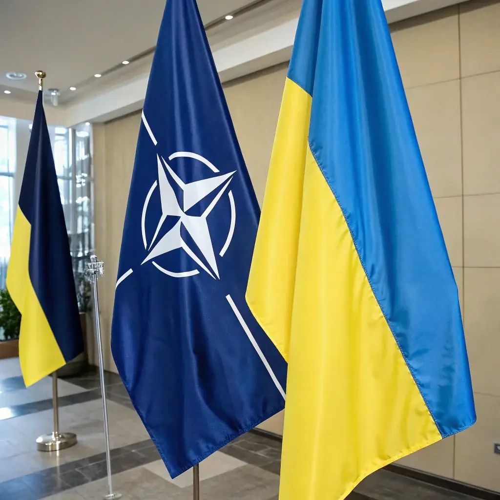 Флаги Украины и НАТО развеваются рядом, символизируя военную помощь Альянса Киеву и долгосрочное сотрудничество в сфере обороны.